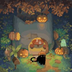  animal animated animated_gif autumn autumn_leaves black_cat candle cat cup decomposedmaw falling_leaves fire floating ghost glowing grass halloween highres jack-o'-lantern leaf looping_animation mailbox_(incoming_mail) nature night no_humans open_door open_window_shutter original outdoors path pixel_art plant pumpkin pumpkin_hat scenery sitting stool table tree wind window window_shutter wooden_stool wooden_table 
