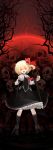  1girl absurdres ascot blonde_hair chain chained cloudy.r fangs full_moon glowing glowing_eyes hair_ribbon hands highres juliet_sleeves leg_grab long_sleeves looking_at_viewer moon night open_mouth puffy_sleeves red_eyes red_moon ribbon rumia shackle shirt skirt skirt_set skull solo touhou vest 