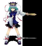  1girl blue_eyes epaulettes gin_fuaru green_hair hat hat_ornament hat_ribbon highres juliet_sleeves layered_dress leg_warmers light_frown long_sleeves mary_janes outstretched_arm puffy_sleeves ribbon rod_of_remorse shiki_eiki shoes short_hair solo touhou two-tone_background 