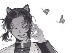  1girl black_jacket bug butterfly butterfly_hair_ornament closed_eyes commentary demon_slayer_uniform greyscale hair_ornament hand_in_own_hair haori highres jacket japanese_clothes kimetsu_no_yaiba kochou_shinobu laughing medium_hair monochrome open_mouth parted_bangs sidelocks smile solo twitter_username untranslatable_commentary updo upper_body white_background yofu_(0042_2400) 