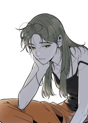  1girl arm_on_thigh bare_shoulders black_tank_top casual cowboy_shot expressionless green_hair hair_tie_on_wrist happiness_rides_a_broomstick head_on_hand head_rest highres kim_danjo long_hair messy_hair orange_pants pants sitting sleeveless solo solo_focus strap_slip tank_top white_background yellow_eyes yeongol 