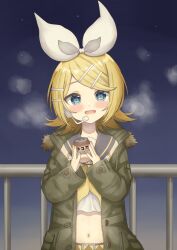  1girl belt black_sailor_collar black_shorts blonde_hair blush bow breasts can fang hair_bow hair_ornament hairclip headphones headset highres holding holding_can hot_chocolate jacket kagamine_rin looking_at_viewer midriff navel neckerchief night open_clothes open_jacket open_mouth parallel_hairclips sailor_collar shirt short_hair shorts sleeveless sleeveless_shirt small_breasts tsutsuji_(suisai02) vocaloid white_bow white_shirt yellow_belt yellow_nails yellow_neckerchief yellow_trim zipper 