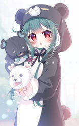  1girl :o animal_costume animal_hood bear_costume bear_hood blunt_bangs blush chinese_commentary commentary_request cowboy_shot fang green_hair hand_puppet highres hood hood_up kuma_kuma_kuma_bear long_hair long_sleeves looking_at_viewer open_mouth puppet red_eyes shimo_shiina skin_fang solo yuna_(kuma_kuma_kuma_bear) 