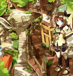  1girl arm_up armband basket blue_eyes brown_hair egg hair_ribbon long_hair looking_at_viewer lucena_winter open_mouth original ribbon shorts_under_skirt side_ponytail skirt smile solo translation_request tree yuuhagi_(amaretto-no-natsu) 