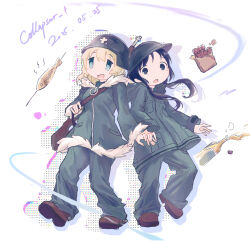  2girls absurdres alcohol artist_name ben-day_dots black_hair blonde_hair blue_eyes brodie_helmet brown_shoes candy chito_(shoujo_shuumatsu_ryokou) chocolate chocolate_bar coat combat_helmet commentary_request dated fish_(food) food fried_fish fur-trimmed_coat fur_trim green_coat green_pants gun helmet highres holding holding_gun holding_weapon long_hair low_twintails military_uniform multiple_girls pants screentones shadow shoes shoujo_shuumatsu_ryokou stahlhelm travele84390939 twintails weapon yuuri_(shoujo_shuumatsu_ryokou) 