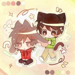  2boys :3 ? animal_ears animification antenna_hair black_pants black_shoes blush blush_stickers brown_eyes brown_hair brown_pants cat_boy cat_ears cat_tail chibi chibi_only color_guide drawstring edd_(eddsworld) eddsworld extra_ears eye_contact flipped_hair frown full_body green_hoodie green_shoes hair_behind_ear hair_ears highres hood hood_down hoodie indian_style jitome kemonomimi_mode long_sleeves looking_at_another male_focus multiple_boys pants rabbit_boy rabbit_ears red_hoodie shoes short_hair single_blush_sticker sitting smile sneakers sparkle standing star-shaped_pupils star_(symbol) swept_bangs symbol-shaped_pupils tail tord_(eddsworld) yunian77 