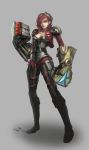  1girl blue_eyes boots breasts cleavage foliage gauntlets goggles grey_background highres league_of_legends lips pink_hair short_hair simple_background solo thighs vi_(league_of_legends) 
