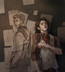  2boys arcane:_league_of_legends artist_name brown_hair brown_shirt chalkboard closed_mouth commentary crutch english_commentary highres jayce_(league) league_of_legends looking_back loose_necktie making-of_available mole mole_under_eye multiple_boys necktie paper red_necktie shirt short_hair vest viktor_(arcane) viktor_(league) zoe_(crownsforkings) 