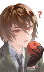  ? akechi_goro apple black_gloves black_necktie brown_hair coat collared_shirt food fruit gloves heizzer34 highres holding holding_food holding_fruit looking_at_viewer megami_tensei necktie open_mouth persona persona_5 red_eyes shirt short_hair simple_background upper_body white_background white_shirt 