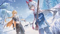  2boys absurdres aether_(genshin_impact) alyosha_(genshin_impact) amaichi_esora animal animal_ears animal_nose arm_guards baggy_pants bare_tree belt black_fur black_gloves black_pants black_shirt blue_jacket blue_sky braid branch brown_belt cape clenched_hands closed_mouth clouds cloudy_sky commentary_request cowboy_shot day dog dog_ears dog_tail earmuffs earrings floating_cape floating_clothes floating_hair forest freckles from_side fur-trimmed_cape fur_trim genshin_impact gloves green_hair gun hair_between_eyes hair_ornament hair_ribbon hair_tubes highres holding holding_gun holding_weapon hood hooded_cape husky in-universe_location jacket jewelry long_hair long_sleeves looking_at_viewer low-braided_long_hair low-tied_long_hair male_focus midriff mountain multiple_boys nature navel outdoors pants pine_tree ribbon rifle scarf shirt short_hair short_sleeves single_braid single_earring single_hair_tube sky sniper_rifle snow snowing standing star_(symbol) steam tail thigh_strap tree two-tone_fur v-shaped_eyebrows weapon white_cape white_fur white_ribbon white_scarf winter yellow_eyes 