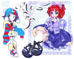  3girls animal_hat asymmetrical_sleeves bell black_bra blazer blue_eyes border bow bra brown_hair button_eyes buttons colored_skin comedy_and_tragedy_masks diagonal-striped_background dreamaruu footwear_bow frilled_skirt frills gangle_(the_amazing_digital_circus) hat heart heterochromia hood hoodie jacket juliet_sleeves lace lace_border lolita_fashion long_sleeves mary_janes mismatched_sleeves multicolored_hoodie multiple_girls neck_bell neck_ribbon ornate_border polka_dot polka_dot_bow pomni_(the_amazing_digital_circus) puffy_sleeves purple_bow rabbit_hat ragatha_(the_amazing_digital_circus) ragdoll ribbon shoes sitting skirt sleeve_bow sleeves_past_fingers sleeves_past_wrists sneakers socks striped_background striped_shoes teardrop the_amazing_digital_circus underwear white_ribbon white_skin white_socks 
