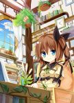  1girl blue_eyes book brown_hair clock curtains desk hair_ribbon long_hair looking_at_viewer lucena_winter original pen plant potted_plant ribbon shelf side_ponytail smile solo sunlight window yuuhagi_(amaretto-no-natsu) 