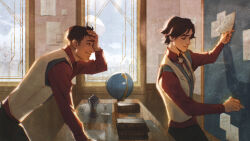  2boys absurdres arcane:_league_of_legends book brown_hair chalkboard commentary english_commentary globe hand_on_own_head highres jayce_(league) league_of_legends leaning_on_table multiple_boys necktie paper red_shirt shirt short_hair vest viktor_(arcane) viktor_(league) white_vest window zoe_(crownsforkings) 