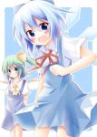  2girls arms_behind_back ascot blue_dress blue_eyes blue_hair blush bow cirno daiyousei dress fairy_wings green_hair hair_bow hair_ribbon hakobako ice ice_wings looking_at_viewer multiple_girls open_mouth ribbon short_sleeves side_ponytail smile touhou wings 