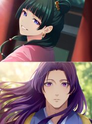  1boy 1girl absurdres blue_eyes chinese_clothes clothing_request commentary_request curtained_hair day earrings floating_hair green_hair grin highres jewelry jinshi_(kusuriya_no_hitorigoto) kusuriya_no_hitorigoto long_hair looking_at_another maomao_(kusuriya_no_hitorigoto) may_(illust_man_2020) outdoors pink_lips purple_hair smile sunlight violet_eyes 