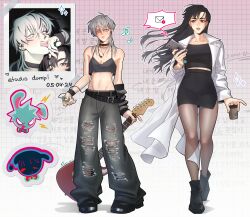  2girls absurdres alan_gertz alien_stage beamed_sixteenth_notes belt black_belt black_boots black_eyes black_hair black_skirt boots breasts coat commentary crop_top earphones earrings eighth_note electric_guitar english_text genderswap genderswap_(mtf) green_eyes grey_hair grey_pants grid_background guitar highres holding holding_mp3_player holding_phone instrument ivan_(alien_stage) jellyfish_cut jewelry korean_text long_hair midriff mp3_player multiple_girls musical_note pants pencil_skirt phone photo_(object) piercing rabbit signature skirt sparkle thick_eyebrows till_(alien_stage) tongue tongue_out tongue_piercing torn_clothes torn_pants white_coat 