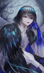  1boy absurdres black_cape black_hair black_pants blue_eyes blue_hands cape collared_shirt commentary fate/grand_order fate_(series) fur_cape hair_between_eyes highres looking_at_viewer male_focus oberon_(fate) open_mouth pants senada37 shirt short_hair solo white_shirt 