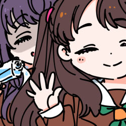  2girls at_gunpoint brown_dress brown_hair closed_eyes commentary dress english_commentary false_smile fujishima_megumi green_neckerchief hanamiya_nina hasu_no_sora_school_uniform holding holding_water_gun long_hair love_live! love_live!_hasu_no_sora_jogakuin_school_idol_club multiple_girls neckerchief open_hand open_mouth otomune_kozue purple_hair sailor_collar sailor_dress school_uniform shaded_face shinanoya_(satanicad) smile split_mouth tsukine_kona two_side_up virtual_youtuber voice_actor_connection water_gun white_sailor_collar winter_uniform 