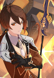  1boy ahoge brown_hair commentary_request earrings genshin_impact highres holding holding_polearm holding_weapon jewelry multicolored_hair open_mouth orange_eyes orange_hair polearm spear umidukidayo weapon zhongli_(genshin_impact) 