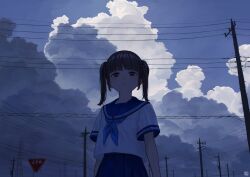  1girl acorn_dongur1 artist_logo black_eyes black_hair blue_neckerchief blue_sailor_collar blue_skirt blue_sky breast_pocket clouds cloudy_sky commentary day from_below highres logo looking_at_viewer looking_down neckerchief original pleated_skirt pocket power_lines road_sign sailor_collar school_uniform serafuku shirt short_hair short_sleeves sign skirt sky solo twintails upper_body utility_pole white_shirt 