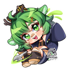  1girl :d ahoge animal_ears antlers bandaid bandaid_on_face bandaid_on_knee bandaid_on_leg bandaid_on_nose black_shirt blue_jacket blue_skirt blush chibi crop_top deer_girl gloves green_eyes green_hair highres holding holding_wrench horns indie_virtual_youtuber jacket looking_at_viewer myusagii open_mouth reindeer_antlers shirt short_hair skirt smile solo soymilk_(vtuber) virtual_youtuber white_background wrench 