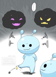  ... ._. 1other :3 :d angry annoyed antennae arms_behind_back artist_name black_eyes blank_eyes blue_skin bug closed_mouth colored_sclera colored_skin commentary_request fangs fangs_out grey_background happy highres kicking leg_up looking_at_another motion_lines no_humans open_mouth pink_cloud_(rhythm_tengoku) pink_eyes pokemon_(creature) raihachi rhythm_tengoku rhythm_tengoku_miracle_stars sharp_teeth smile solid_circle_eyes speech_bubble spoken_ellipsis standing standing_on_one_leg sweat sweatdrop talking teeth twitter_username warping_alien_(rhythm_tengoku) yellow_cloud_(rhythm_tengoku) 