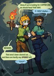  2girls absurdres alex_(minecraft) arachnophobia artist_name black_boots black_gloves blue_eyes blue_shirt boots brown_gloves brown_hair collar commentary darkness dated freckles genderswap gloves green_eyes green_shirt highres holding holding_pickaxe holding_torch long_hair markcatqt minecraft multiple_girls orange_hair pickaxe pointing pouch shirt short_hair side_ponytail silk speech_bubble spider_web steve_(minecraft) sweat sword torch untranslatable_commentary weapon 