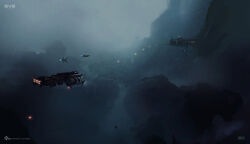  artist_logo building commentary company_logo company_name concept_art copyright_logo copyright_name dark english_commentary eve_online georg_hilmarsson glowing highres logo no_humans official_art rock scenery science_fiction submarine underwater watercraft 