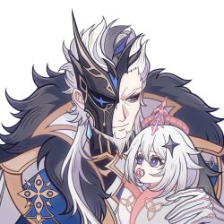  1boy 1girl aged_down baby beard black_hair blonde_hair blue_eyes carrying carrying_baby carrying_person chinese_clothes closed_mouth coat commentary_request ertai_baoji_fengbazhong facial_hair fatui_coat fur-trimmed_coat fur_trim genshin_impact gloves hair_between_eyes hair_ornament half_mask halo highres long_hair looking_at_another mask multicolored_hair pacifier paimon_(genshin_impact) pierro_(genshin_impact) short_hair simple_background smile upper_body white_gloves white_hair 
