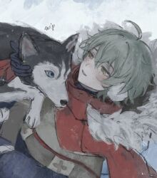  1boy ahoge alyosha_(genshin_impact) animal animal_ears animal_nose black_fur blue_eyes blue_gloves blue_jacket blush cape day dog dog_ears earmuffs english_commentary freckles fur-trimmed_cape fur_trim genshin_impact gloves green_hair hair_between_eyes half-closed_eyes hood hooded_cape husky jacket long_sleeves looking_at_animal lying male_focus on_back open_mouth outdoors red_scarf scarf short_hair smile snow steam two-tone_fur unfinished white_cape white_fur winter yellow_eyes yoruli_e 