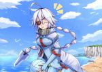  1girl ahoge blazblue bodysuit cape eyepatch nu-13 silver_hair sioame smile volleyball 