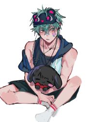  1boy alien_stage animalization aqua_hair black_tank_top commentary earphones green_eyes highres hood hoodie ivan_(alien_stage) jewelry looking_to_the_side male_focus necklace official_alternate_costume rabbit single_off_shoulder sitting sleepy_0923zz sleeveless sleeveless_hoodie socks solo sticker sticker_on_face tank_top till_(alien_stage) white_socks 