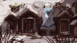  1girl apron blue_hat blue_skirt blue_vest closed_eyes closed_mouth commentary_request facing_ahead facing_viewer full_body hat highres jizou letty_whiterock long_sleeves niy_(nenenoa) one-hour_drawing_challenge outdoors scenery shirt shrine skirt smile snow snowing solo standing touhou v_arms vest waist_apron white_hair wide_shot 