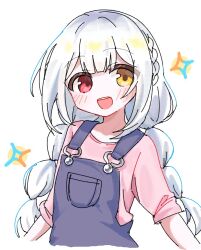  1girl :d blue_overalls colored_tips heterochromia jogasaki_noah long_hair looking_at_viewer mahou_shoujo_no_majo_saiban multi-tied_hair multicolored_hair open_mouth overalls pink_shirt red_eyes rukina_ruki shirt simple_background smile solo sparkle streaked_hair teeth upper_body upper_teeth_only white_background white_hair yellow_eyes 