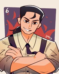  1boy absurdres akaiguarts artist_name barem_bridge black_eyes black_hair black_necktie border chainsaw_man collared_shirt commentary crossed_arms dress_shirt english_commentary highres looking_at_viewer male_focus muscular muscular_male necktie portrait shirt short_hair smile solo solo_focus suspenders teeth white_background white_border 
