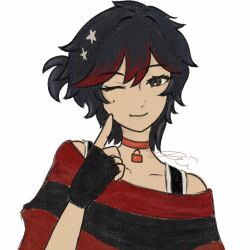  1other ;) androgynous black_gloves black_hair collar fingerless_gloves gloves highres killer_chat! misaki_(killer_chat) mole mole_under_eye multicolored_hair off-shoulder_shirt off_shoulder one_eye_closed other_focus red_streaks reificated shirt smile solo streaked_hair striped_clothes striped_shirt undershirt upper_body 