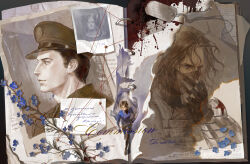  1girl 2boys absurdres adam's_apple blood book brown_hair brown_pants bucky_barnes commission covered_mouth dog_tags fingerless_gloves flower gloves hat highres jacket jewelry looking_ahead marvel mihuashi_commission multiple_boys necklace note open_book pants paper peggy_carter portrait profile purple_flower purple_jacket qi_dongye_yu short_hair steve_rogers walking watermark wavy_hair 