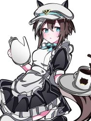  1girl animal_ears apron black_dress blue_eyes blush breasts brown_hair cheval_grand_(umamusume) coffee coffee_mug commentary_request cup dress ear_covers ears_through_headwear hair_between_eyes hat hat_belt highres holding holding_tray horse_ears horse_girl horse_tail kikkasoon looking_at_viewer maid maid_apron mug multicolored_hair parted_lips peaked_cap pitcher_(container) short_hair short_sleeves simple_background solo streaked_hair sweat tail thigh-highs tray umamusume white_apron white_hair white_hat white_thighhighs 