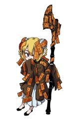  1girl blonde_hair braid brown_coat brown_robe bun_cover coat commentary covering_own_mouth don_quixote_(project_moon) double_bun e.g.o_(project_moon) full_body hair_bun halberd highres holding holding_polearm holding_weapon limbus_company long_sleeves ofuda ofuda_on_arm ofuda_on_clothes ofuda_on_head ofuda_over_one_eye polearm project_moon red_sheet_(e.g.o) robe sh17 short_hair simple_background sleeves_past_fingers sleeves_past_wrists solo talisman weapon white_background 