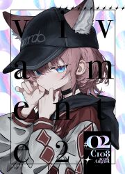  1girl absurdres animal_ear_fluff animal_ears arknights black_choker black_hat blue_eyes choker closed_mouth clothes_writing commentary cover cover_page delfino doujin_cover ears_through_headwear grey_jacket hair_between_eyes hat highres hood hood_down hooded_jacket jacket light_blush looking_at_viewer official_alternate_costume peaked_cap pink_hair red_jacket short_hair solo sussurro_(arknights) sussurro_(travel_freely)_(arknights) upper_body 