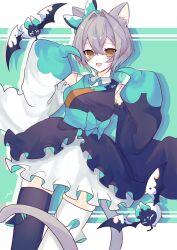  1girl absurdres animal_ears arcaea asymmetrical_legwear asymmetrical_sleeves ayu_(arcaea) bare_shoulders black_thighhighs bow collared_dress commentary cowboy_shot creature detached_sleeves dress fang frilled_dress frills green_background grey_hair hair_between_eyes hair_bow highres ice_blue_rose japanese_clothes kemonomimi_mode kimono kimono_dress layered_dress letterboxed long_sleeves looking_at_viewer open_mouth short_hair simple_background skin_fang sleeveless sleeveless_dress sleeveless_kimono sleeves_past_fingers sleeves_past_wrists smile solo thigh-highs untranslatable_commentary white_thighhighs wide_sleeves yellow_eyes 