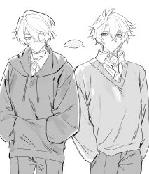  ... 2boys alternate_costume antenna_hair bandaged_neck bandages cardigan choker closed_mouth collared_shirt commentary cowboy_shot crossed_bangs dual_persona empty_eyes english_commentary expressionless eyepatch greyscale hair_between_eyes half-closed_eye hands_in_pockets highres honkai:_star_rail honkai_(series) hood hoodie iqjwyns1616 long_sleeves looking_at_another looking_at_viewer male_focus monochrome multiple_boys neck_tattoo necktie pants phainon_(flame_reaver)_(honkai:_star_rail) phainon_(honkai:_star_rail) puffy_long_sleeves puffy_sleeves shirt short_hair simple_background smile speech_bubble spoken_ellipsis standing sun_symbol sun_tattoo tattoo 