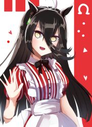  1girl absurdres ahoge animal_ears apron black_bow black_hair blush bow commentary_request dress ear_tag earrings employee_uniform fast_food_uniform hair_between_eyes heart highres horse_ears horse_girl jewelry kfc long_bangs long_hair long_hair_between_eyes looking_at_viewer manhattan_cafe_(umamusume) multicolored_hair official_alternate_costume open_mouth red_dress shirt single_earring smile solo striped_clothes striped_dress umamusume umayonyosi vertical-striped_clothes vertical-striped_dress waving white_apron white_hair white_wrist_cuffs wrist_cuffs yellow_eyes 