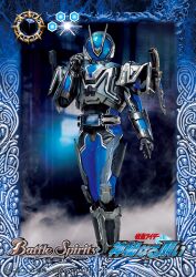  absurdres animification antennae armored_bodysuit battle_spirits commentary_request copyright_logo copyright_name copyright_notice feet_out_of_frame hand_up highres kamen_rider kamen_rider_555 kamen_rider_muez kuchibiru_keisuke logo looking_at_viewer official_art rider_belt solo tokusatsu 