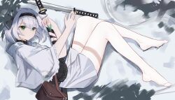  1girl absurdres alternate_costume bag black_hairband brown_bag chinese_commentary commentary_request commission ehextra green_eyes grey_hair hairband highres hitodama katana konpaku_youmu konpaku_youmu_(ghost) looking_at_viewer lying on_side outdoors pantyhose second-party_source sheath sheathed shirt skirt snow solo sword thighband_pantyhose touhou unsheathed weapon white_pantyhose white_shirt white_skirt wide_sleeves 