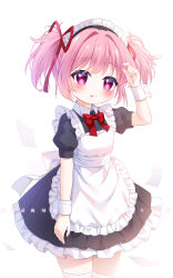  1girl :p alternate_costume apron artist_name back_bow black_dress bow buttons chinese_commentary closed_mouth collared_dress commentary_request contrast_collar cowboy_shot dress enmaided eyelashes floating_paper frilled_apron frilled_dress frills hair_ribbon hand_on_own_head happy highres kaname_madoka light_blush light_smile looking_at_viewer mahou_shoujo_madoka_magica mahou_shoujo_madoka_magica_(anime) maid maid_headdress pink_eyes pink_hair pleated_dress puffy_short_sleeves puffy_sleeves red_ribbon ribbon shimo_shiina short_dress short_hair short_sleeves short_twintails sidelocks solo standing tareme thigh-highs tongue tongue_out twintails white_apron white_background white_bow white_thighhighs white_wrist_cuffs wrist_cuffs zettai_ryouiki 