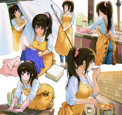 1girl apron artist_logo blue_pants blush breasts chitanda_eru cleaning commentary_request cooking dishwashing folding_clothes gloves hair_ornament hair_scrunchie hand_towel holding holding_plate hyouka indoors laundry logo long_hair mery_(yangmalgage) multiple_views outdoors pants pink_gloves pink_scrunchie plate ponytail purple_hair sandals scrunchie shirt smile towel unworn_shirt white_shirt window wooden_floor yellow_apron 