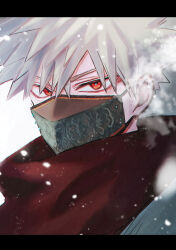  1boy alternate_universe bakugou_katsuki boku_no_hero_academia boku_no_hero_academia_7th_popularity_poll chromatic_aberration commentary_request covered_mouth crosshatching eyebrows_hidden_by_hair from_side grey_hair hair_between_eyes hatching_(texture) highres letterboxed looking_at_viewer looking_to_the_side male_focus mask mouth_mask nao_(n_sai_ao) official_alternate_costume partial_commentary pattern_request portrait print_mask red_eyes sanpaku short_hair sideways_glance snowing solo spiky_hair steam tsurime white_background winter_clothes 