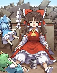 3girls absurdres ascot bloomers blue_bow blue_dress blue_eyes blue_hair blue_skirt blue_vest bow box brown_hair cirno closed_eyes collared_shirt commentary_request daiyousei detached_sleeves detached_wings donation_box dress embodiment_of_scarlet_devil fairy fairy_wings frilled_bow frilled_hair_tubes frills gohei green_eyes green_hair hair_bow hair_tubes hakurei_reimu highres ice ice_wings long_hair making-of_available multiple_girls one_side_up open_mouth pinafore_dress red_bow red_skirt ribbon-trimmed_sleeves ribbon_trim ruins shirt single_bare_foot skirt skirt_set sleeveless sleeveless_dress smile touhou unagiii_0 vest white_bloomers white_shirt wings yellow_ascot yellow_bow 