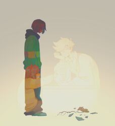  1boy 1other aged_down black_hood black_pants broken_glass commentary deltarune english_commentary fake_horns flower flowery_(deltarune) glass green_sweater hairband highres horn_hairband horns kris_(deltarune) long_sleeves pants planetsandmagic puffy_long_sleeves puffy_sleeves red_horns short_hair single_horizontal_stripe striped_clothes striped_sweater sweater utdr_(toby_fox) yellow_flower 
